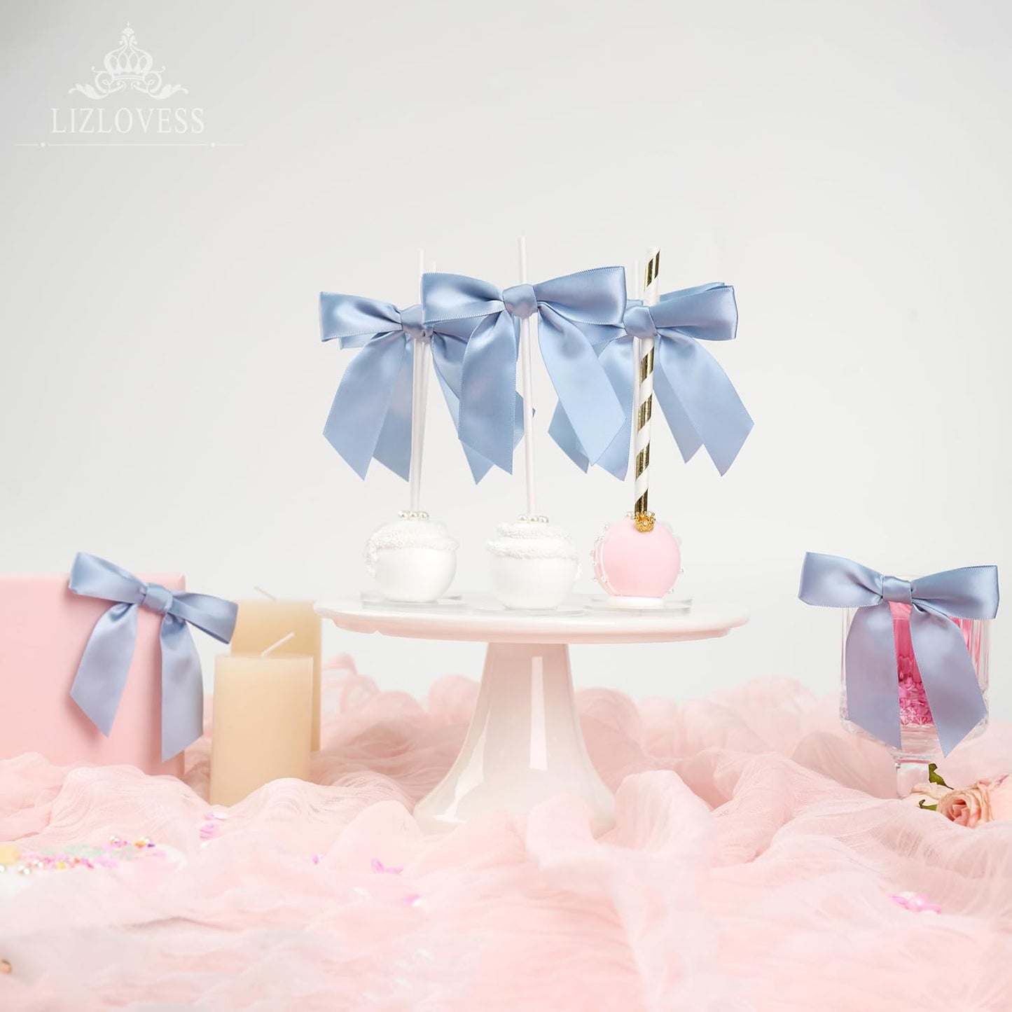 Twist Tie Bows by Dusty Blue - Pre-Tied Satin Ribbon Bows for Gift Wrapping | 3.5" | 50 Pack