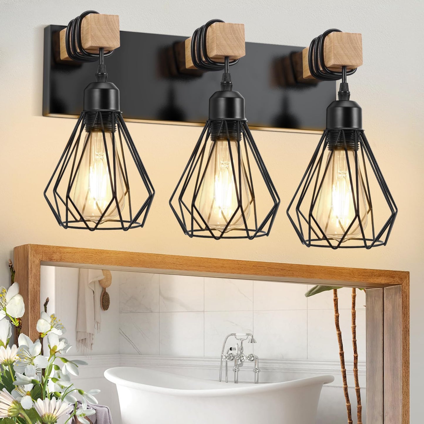 3-Light Farmhouse Bathroom Vanity Light Fixtures, Metal & Wood Bathroom Lighting Fixtures Over Mirror, Rustic Wall Sconces with Elegant Bud Lampshade for Living Bedroom Hallway (Bulbs Excluded)