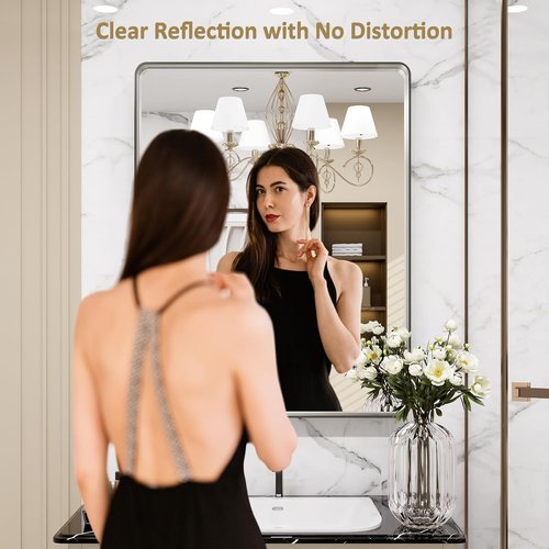 LOAAO Brushed Nickel Bathroom Mirror - Rounded Rectangle Design, Anti-Rust & Shatterproof, 24x30 Inch