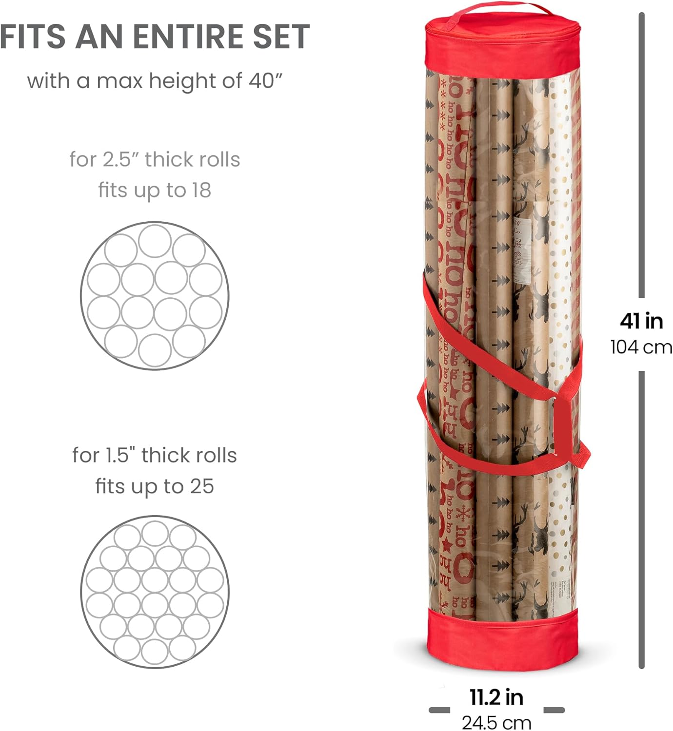 ZOBER Gift Wrap Storage Organizer - 40 Inch Round Wrapping Paper Holder | Durable Clear PVC & 600D Oxford Fabric - Fits 25 Rolls - Red