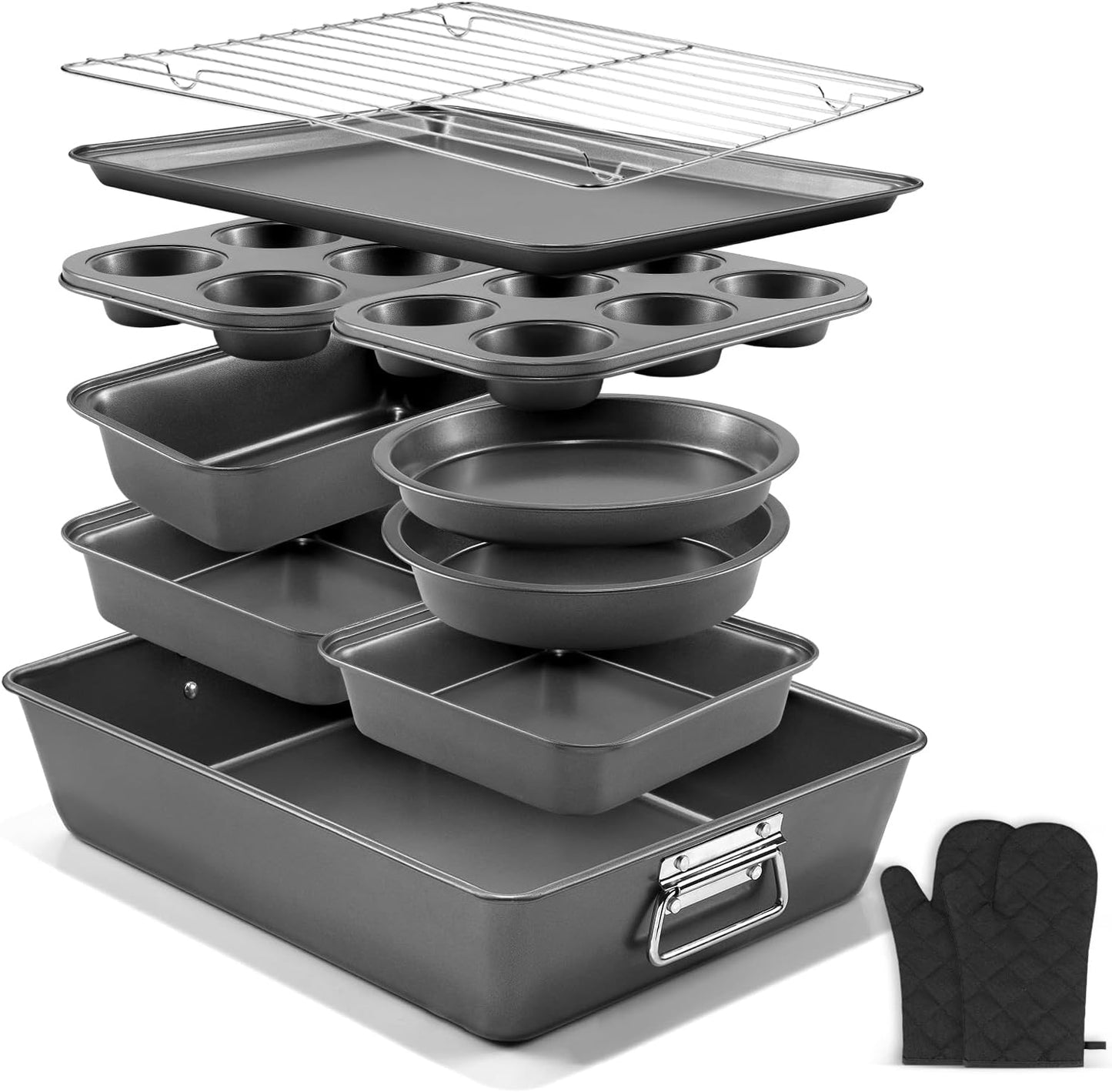Skiennix Nonstick Bakeware Set - 12PCS Carbon Steel Baking Pans with Easy Grip & Oven Mitts
