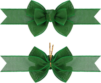 Meseey Wired Ribbon Bows - Handmade Emerald Green Burlap for Wreaths & Gift Wrapping | 2 Pcs Set
