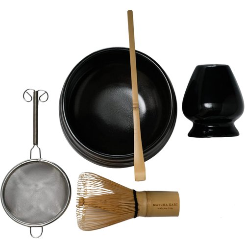 Dr. Weil Matcha Kari - Lite Matcha Tea Set - Black - Whisk with Holder, Scoop, Sifter, and Ceramic Bowl