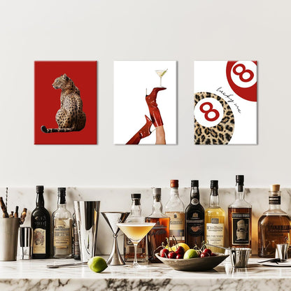 Skiennix Leopard Canvas Wall Art Set - Red Cheetah High Heel & Lucky You 8 Ball Prints | 16x24 Inch Framed Decor for Girls' Bedroom