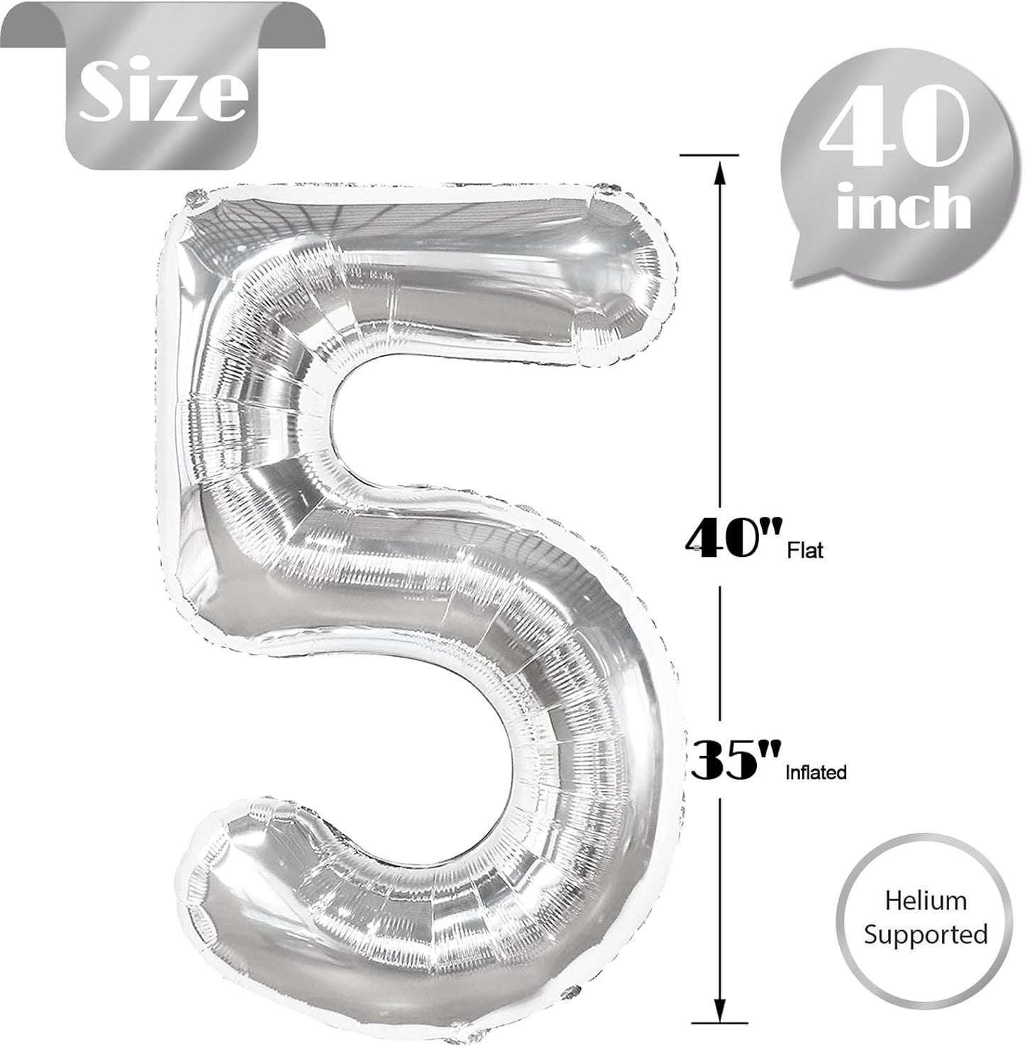 Silver 5 Balloon | 40-Inch Number 5 Balloon for 5th Birthday Decorations & Party Supplies