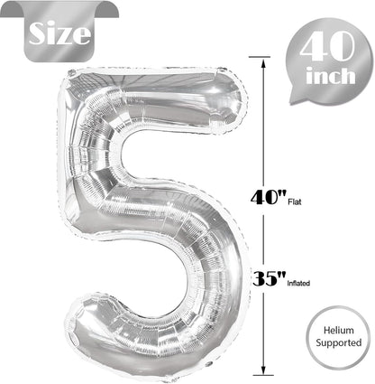 Silver 5 Balloon | 40-Inch Number 5 Balloon for 5th Birthday Decorations & Party Supplies