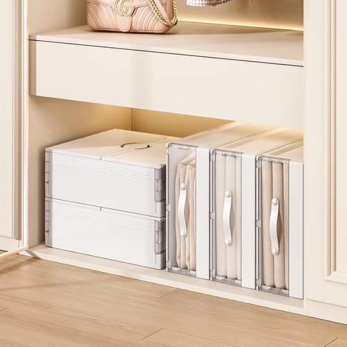 GUDEMAY Bed Sheet Organizers and Storage, Foldable Closet Organizer with Handle, Plastic Bedding Storage Box Container for Blanket, Duvet Cover Set, Bed Sheet Set (white-4pack)