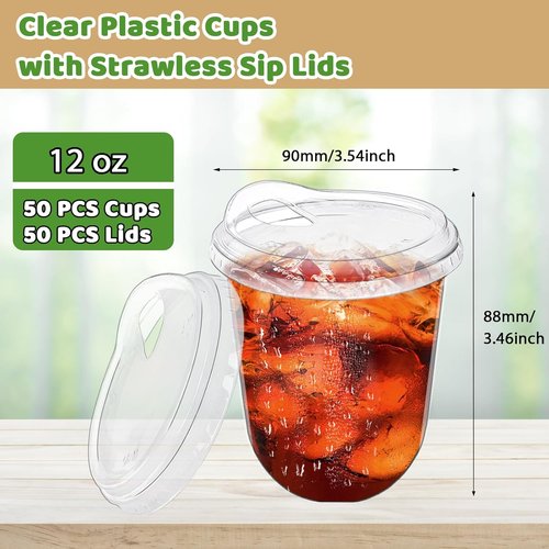 Alaeseje 50 Pack Clear Plastic Cups - 12 oz Disposable Iced Coffee Cups with Strawless Sip Lids