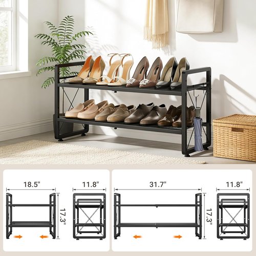 ELYKEN Shoe Rack - 2-Tier Expandable Organizer with 4 Hooks | Metal Black Shoe Shelf for Entryway