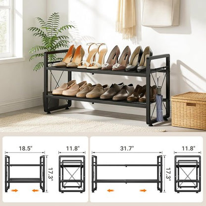 ELYKEN Shoe Rack - 2-Tier Expandable Organizer with 4 Hooks | Metal Black Shoe Shelf for Entryway