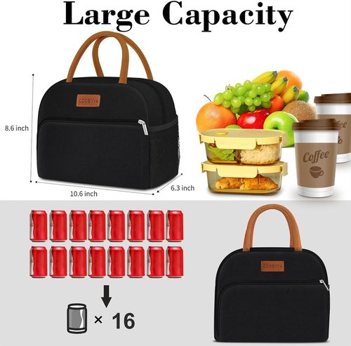 Coobiiya Insulated Lunch Box - Leakproof & Reusable Tote Bag for Work | Compact 10L, Black