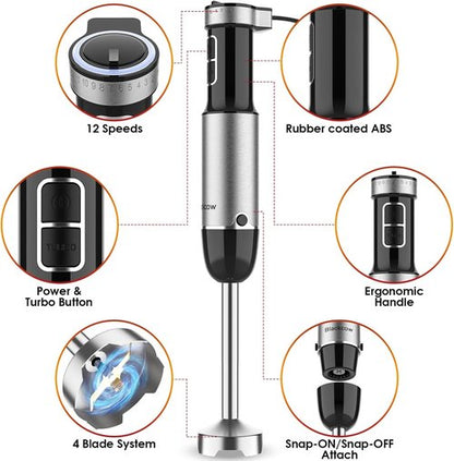 Blackcow Immersion Blender - 800W Electric Hand Blender with Titanium Alloy Blades | 12 Speeds & Turbo for Smoothies, Soups, and Baby Food