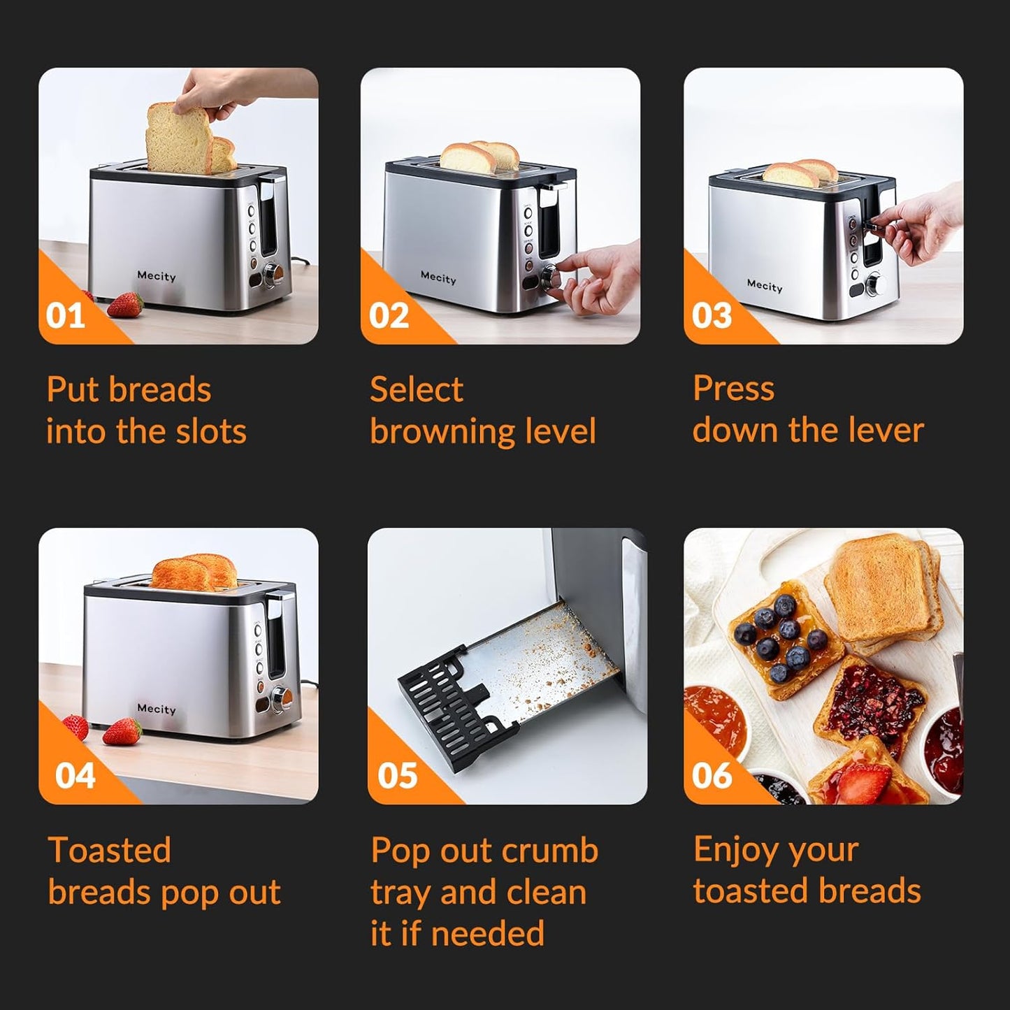 Mecity 2-Slice Stainless Steel Toaster - Timer, Bagel & Defrost Functions | 800W with Extra Wide Slots