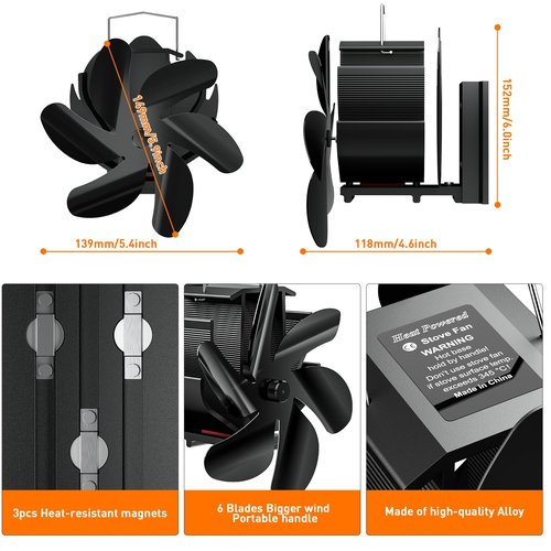 HIDALIFE Wood Stove Fan Heat Powered, Magnetically Flue Pipe Mounted 6 Blades Fan, Non Electric, Silent Thermal Fan for Gas Pellet Wood Burner Tent Stove Accessories
