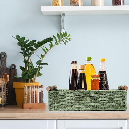 Skiennix Round Paper Rope Storage Basket - Decorative Wicker Organizer with Handle | Green, Small Size