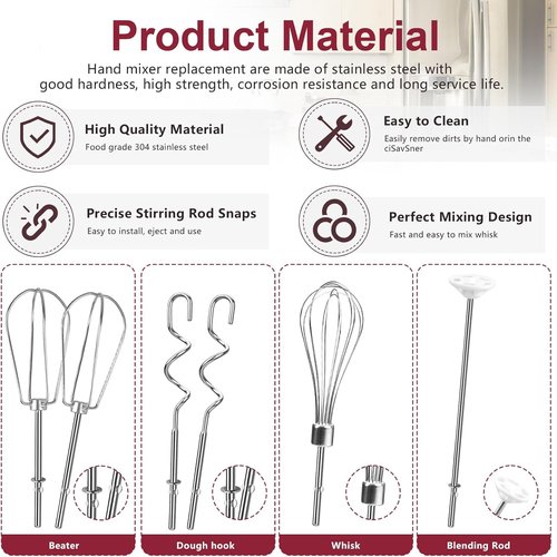 Kitchenaid Hand Mixer Attachments - Stainless Steel Beater, Whisk, Dough Hooks | Set of 6