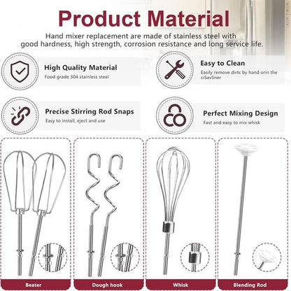 Kitchenaid Hand Mixer Attachments - Stainless Steel Beater, Whisk, Dough Hooks | Set of 6