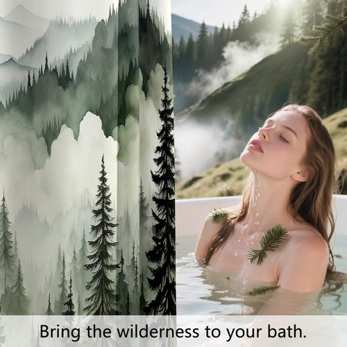 BayNook Dark Green Misty Forest Shower Curtain, Mountain Nature Shower Curtain for Bathroom, Rustic Woodland Pine Tree Landscape Mens Decor Waterproof Fabric Shower Curtain Set with Hooks, 72x72