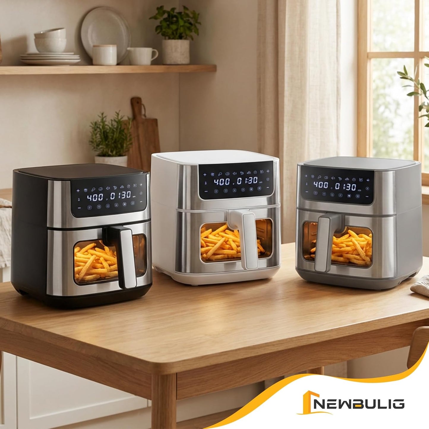 NEWBULIG Air Fryer - 6.34QT with Visible Window & Fast Heating - 8-in-1 Cooking Presets, Stainless Steel, White