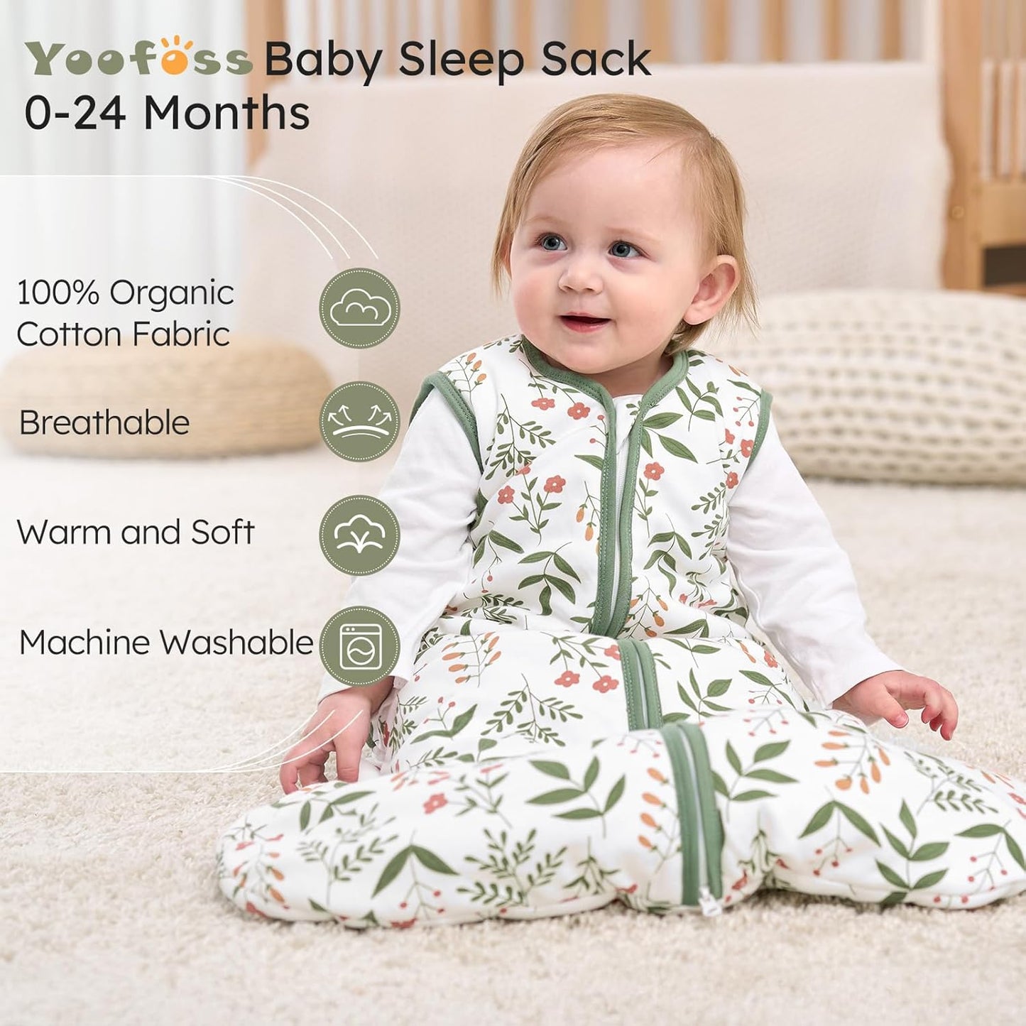 Yoofoss Baby Sleep Sack - 1.5 Tog Organic Cotton Wearable Blanket for 18-24 Months | Warm & Comfy