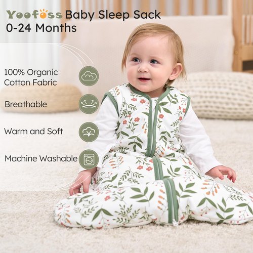 Yoofoss Baby Sleep Sack 18-24 Months, 1.5 Tog Baby Wearable Blanket with 2-Way Zipper, 100% Cotton Organic Fabric Winter Infant Sleeping Sack, Warm Soft Comfy