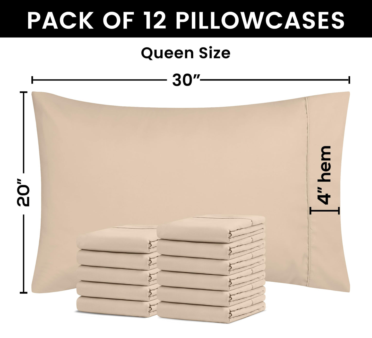 Utopia Bedding Queen Pillow Cases - 12 Pack - Envelope Closure - Soft Brushed Microfiber Fabric - Shrinkage and Fade Resistant Pillow Covers Queen Size 20 X 30 Inches (Queen, Beige)