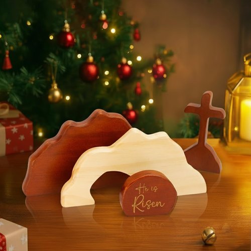 RUSATEN He is Risen Easter Decor – Wooden Resurrection Scene with Empty Tomb, Cross & Figurines, Christian Religious Tabletop Decoration for Home Christian Easter Basket Stuffer