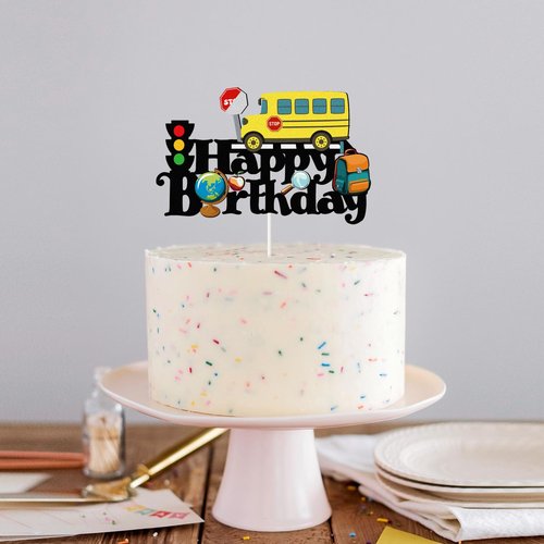School Bus Happy Birthday Cake Topper,First Day of School Sign,Back to School Cake Decor, Kid Yellow Bus Theme Birthday Party Decorations