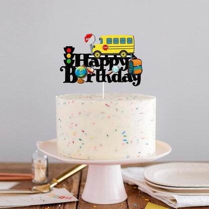 School Bus Happy Birthday Cake Topper,First Day of School Sign,Back to School Cake Decor, Kid Yellow Bus Theme Birthday Party Decorations