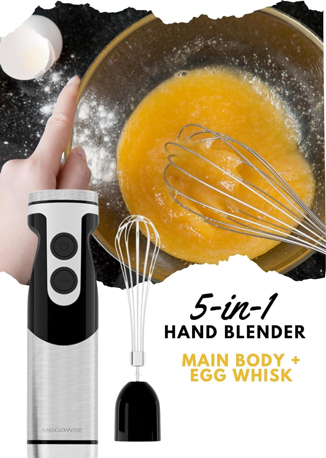 MegaWise Pro Immersion Hand Blender - 5-in-1 with Powerful Motor & 12 Speeds | Black Finish