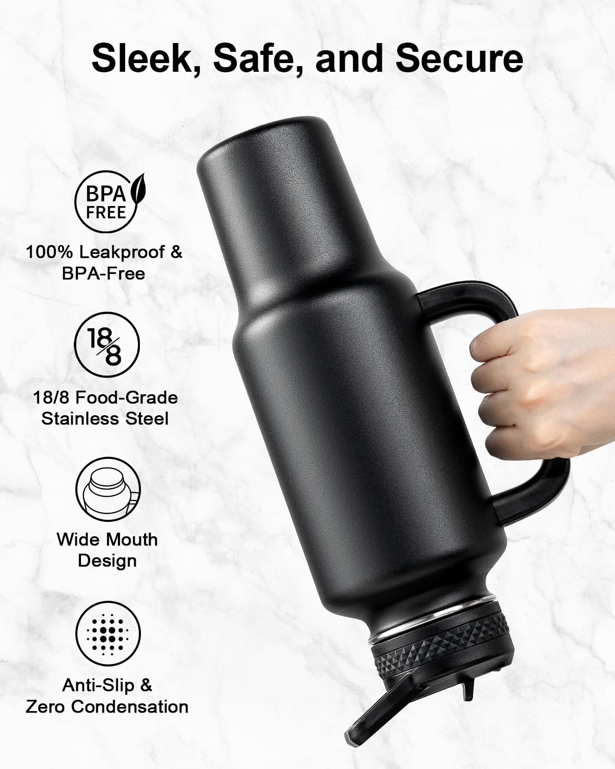 Trebo 40 oz Insulated Water Bottle - Stainless Steel Travel Flask with Handle & Spout Lid | Black
