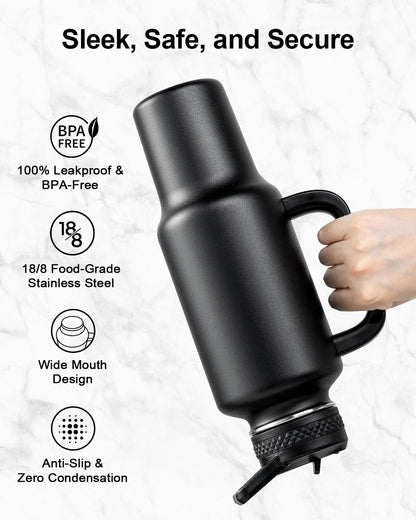 Trebo 40 oz Insulated Water Bottle - Stainless Steel Travel Flask with Handle & Spout Lid | Black