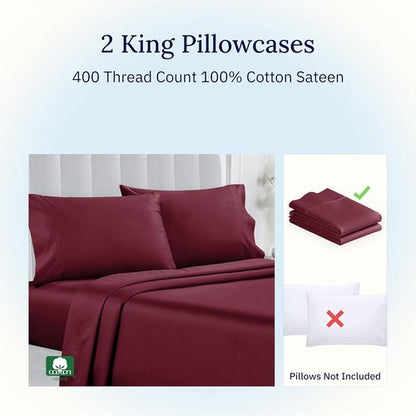 California Design Den King Size Pillowcase Set - 400 Thread Count 100% Cotton Sateen, Soft & Breathable | Burgundy Red