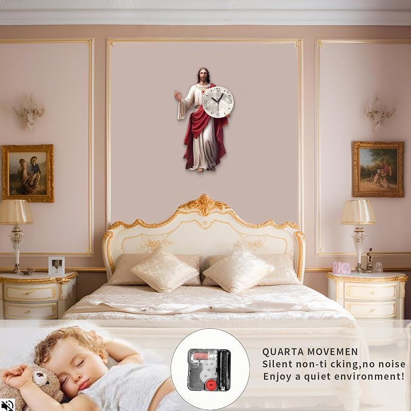 Variation: Red FLEBLE Jesus Wall Clock - 13x23 Inch, Silent Battery-Operated