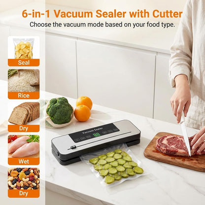 Vacuum Sealer Machine - 6-in-1 Automatic Food Sealer with Built-in Cutter & 30 Storage Bags | Compact for Freezer Preservation