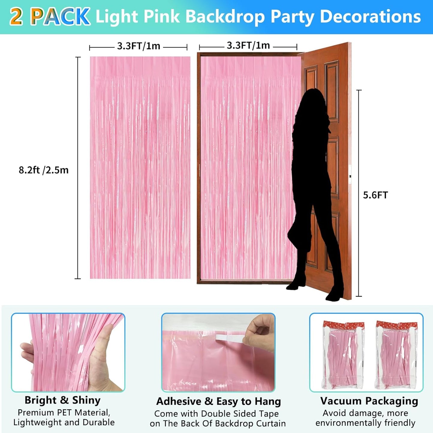 Skiennix Pastel Pink Birthday Party Backdrop - Foil Fringe Curtain 3.3x8.2ft | 2 Pack Streamers for Baby Showers & Bachelorette Parties