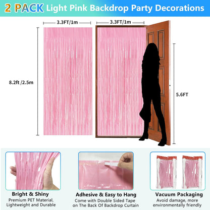 Skiennix Pastel Pink Birthday Party Backdrop - Foil Fringe Curtain 3.3x8.2ft | 2 Pack Streamers for Baby Showers & Bachelorette Parties