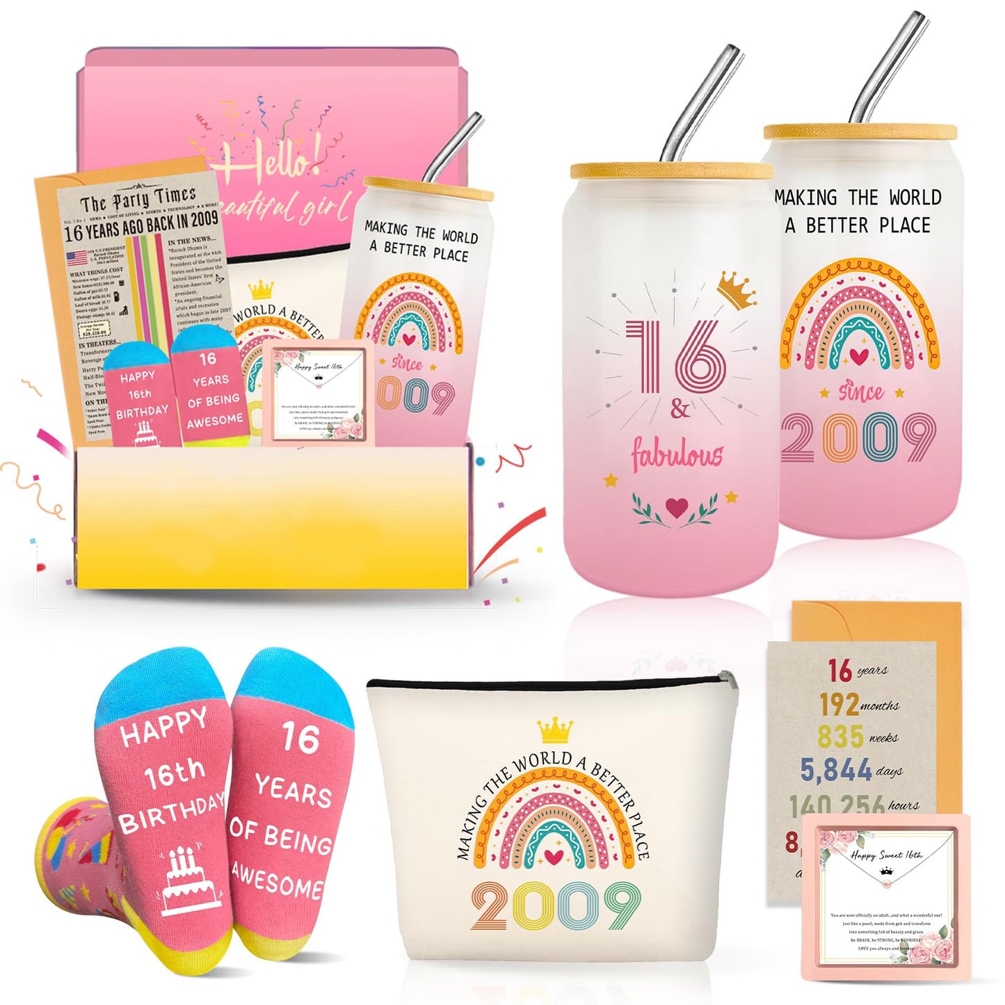 Sweet 16th Birthday Gifts for Girls, Cool 16 Year Old Girl Gift Ideas for Her Granddaughter Daughter Niece Teens, Happy 2009 Sixteen Decorations Presents Basket Glass Cup Sock Makeup Bag Necklace