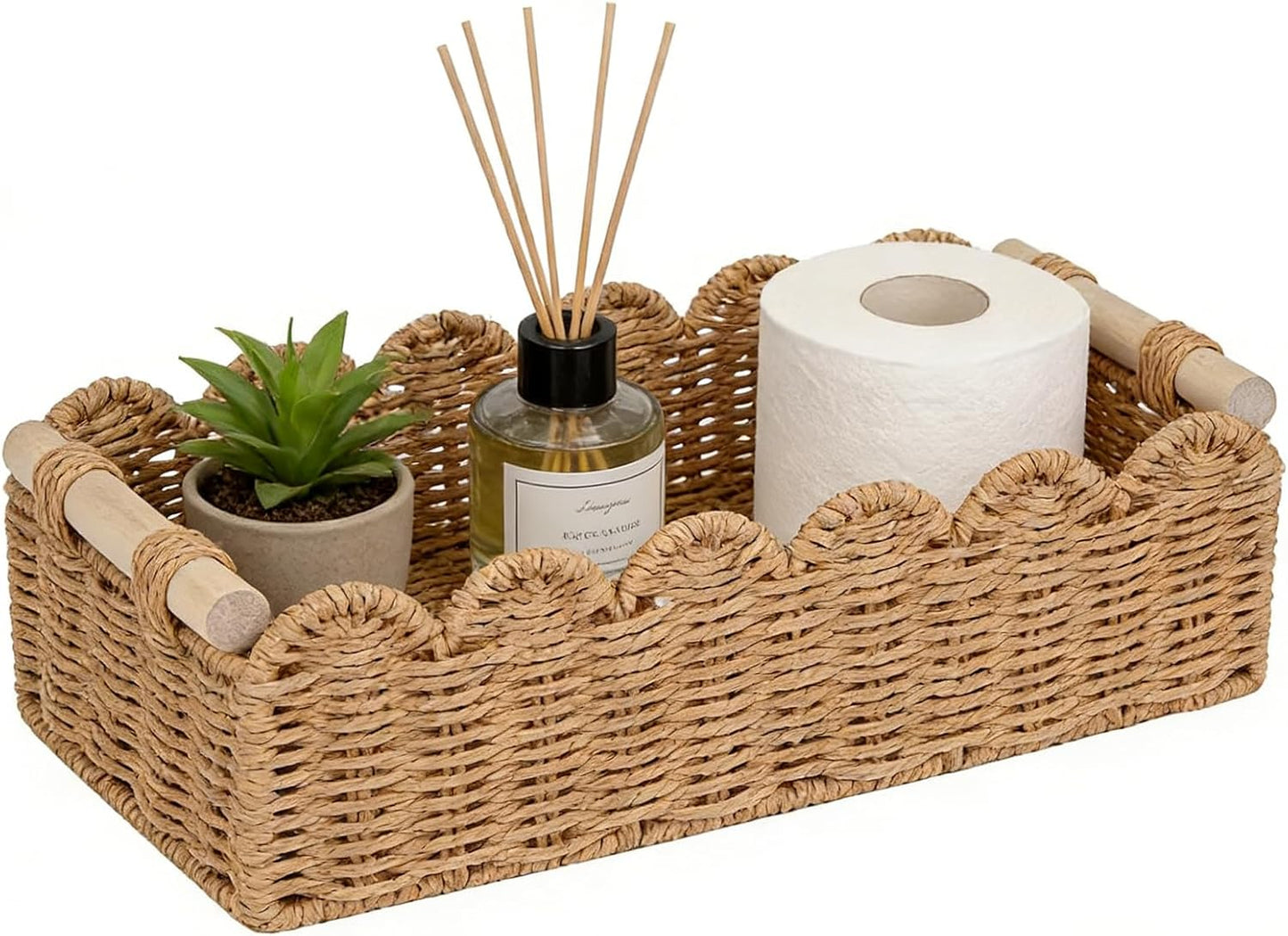 Upgraded Paper Rope Toilet Paper Storage Basket - Scalloped Edge Design | Small Neutral Decor with 2 Wooden Handles