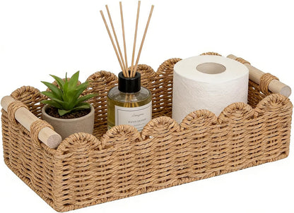 Upgraded Paper Rope Toilet Paper Storage Basket - Scalloped Edge Design | Small Neutral Decor with 2 Wooden Handles