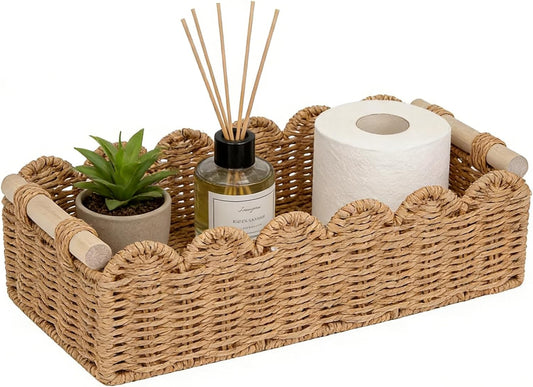 Upgraded Paper Rope Toilet Paper Storage Basket - Scalloped Edge Design | Small Neutral Decor with 2 Wooden Handles