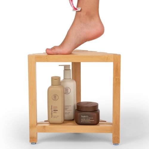 ATALIA Corner Shower Stool for Inside Shower - Waterproof Bamboo Shower Foot Rest for Shaving Legs - Small Shower Stool Shower Bench for Inside Shower with Storage Shelf for Small Shower Spaces