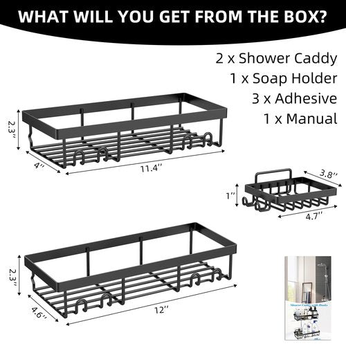 Moforoco 3-Pack Shower Caddy Basket Shelf with Soap Holder, No Drilling Traceless Adhesive Shower Wall Shelves, Rustproof Black Bathroom Shower Storage Organizer