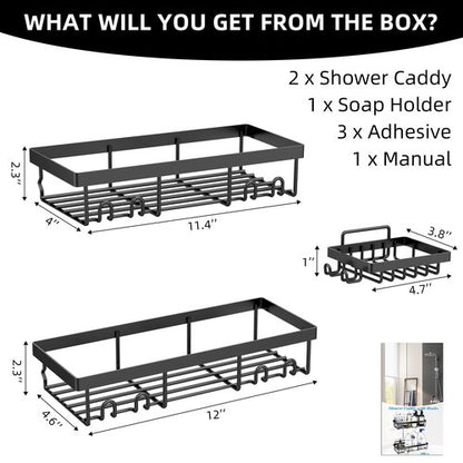 Moforoco 3-Pack Shower Caddy Basket Shelf with Soap Holder, No Drilling Traceless Adhesive Shower Wall Shelves, Rustproof Black Bathroom Shower Storage Organizer
