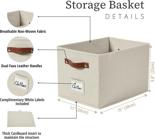 DECOMOMO Storage Baskets - Large 15"x11"x10" Foldable Fabric Organizing Bins with Labels | Beige, 4-Pack