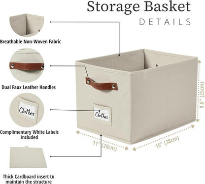 DECOMOMO Storage Baskets - Large 15"x11"x10" Foldable Fabric Organizing Bins with Labels | Beige, 4-Pack