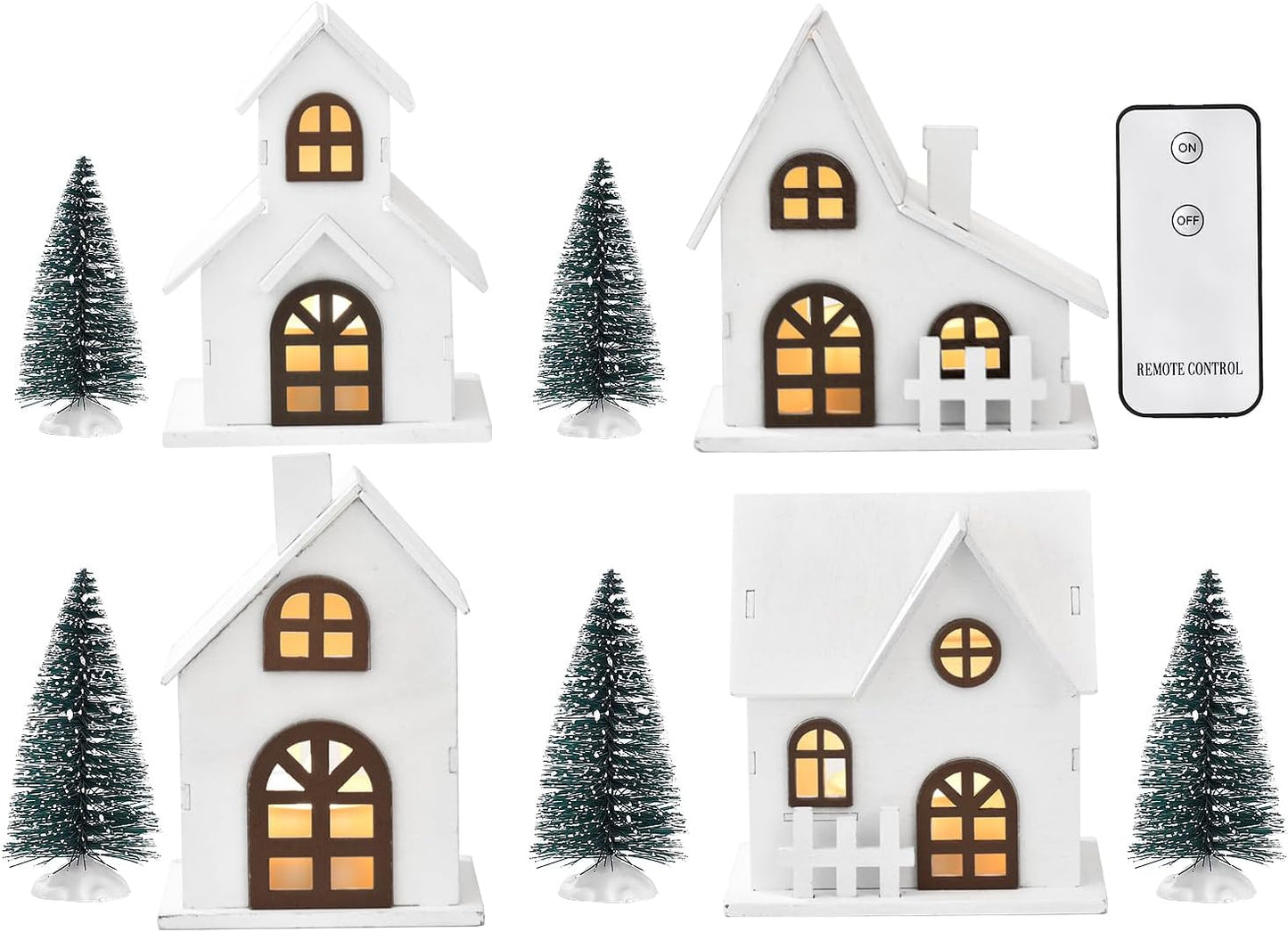 Ovootok Christmas Sculpture Set - 9-Piece Wood & Plastic Decor with 4 LED Houses & 5 Frosted Trees
