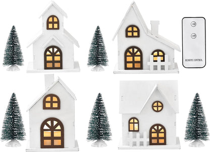 Ovootok Christmas Sculpture Set - 9-Piece Wood & Plastic Decor with 4 LED Houses & 5 Frosted Trees