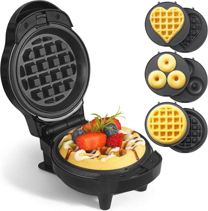 Skiennix Mini Waffle Maker - 3-in-1 Non-Stick Waffle Iron with 6 Removable Plates | Black, 4.5" Size
