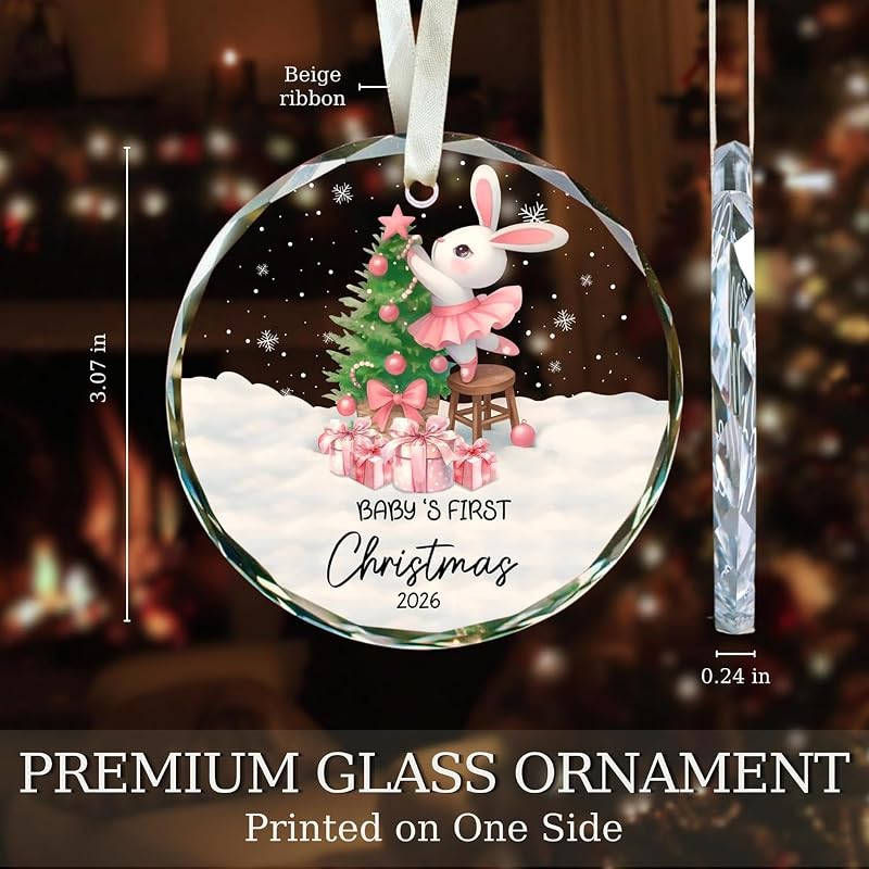 Baby Girl First Christmas Ornament 2026 - Glass Keepsake with Pink Bunny, 3.07 in, Variation: Baby 1st Christmas Pink